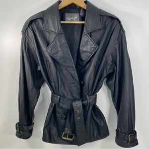 Vtg Spiegel Black Leather Biker Moto Rocker Belted Trench Coat Brass Buckle S